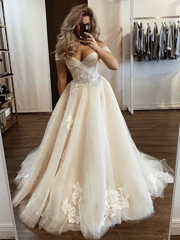 Off the Shoulder Champagne Wedding Dresses, Off Shoulder Champagne Floral Prom Dresses