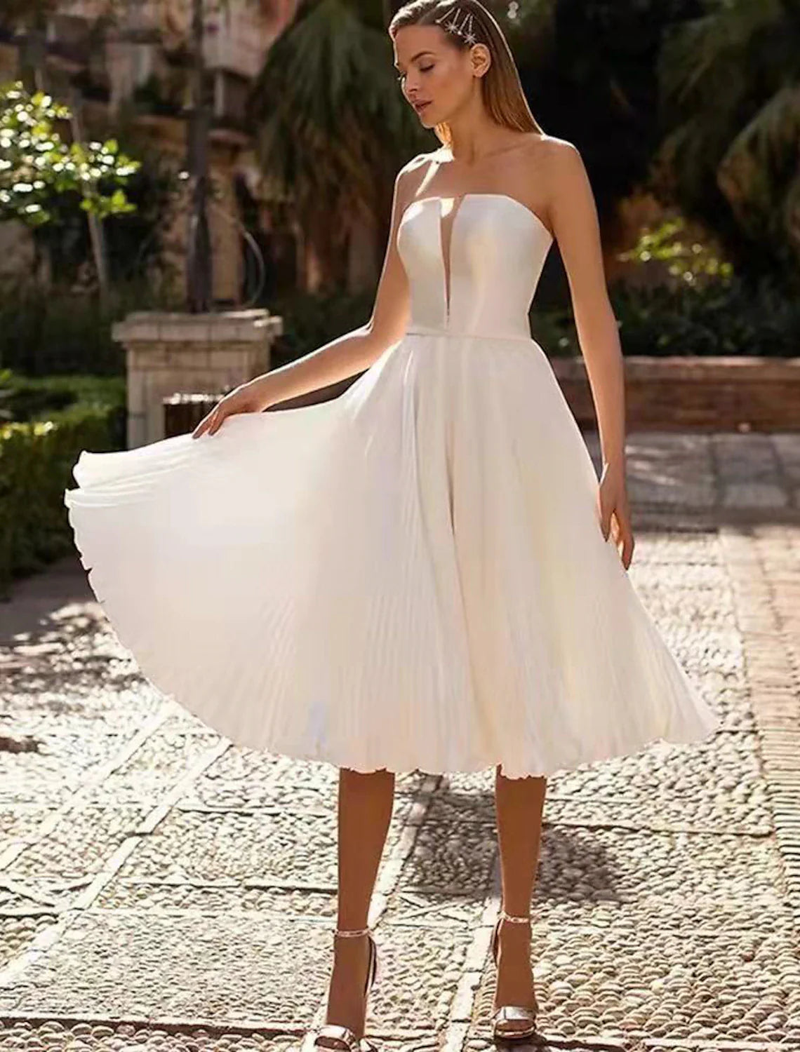 Reception Little White Dresses Wedding Dresses A-Line Sweetheart Strapless Tea Length Satin Bridal Gowns With Sash / Ribbon Solid Color Summer Wedding Part Women's Clothing