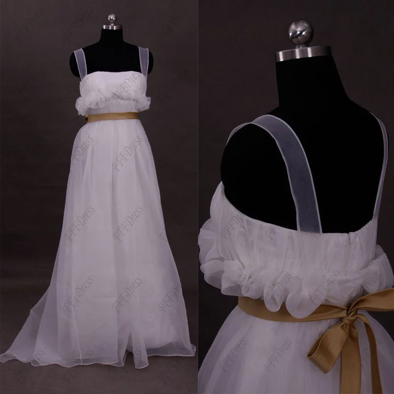 Ruffled organza beach wedding dress with brown sash