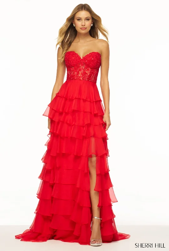 Sherri Hill 56162 Sweetheart Neckline A-Line Chiffon Lace Evening Gown