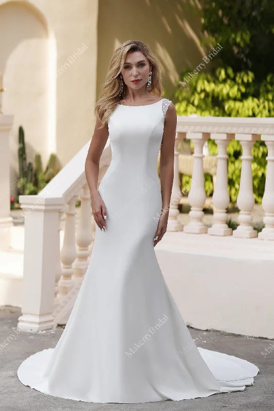 Simple Satin Wedding Dresses With Beaded Backless