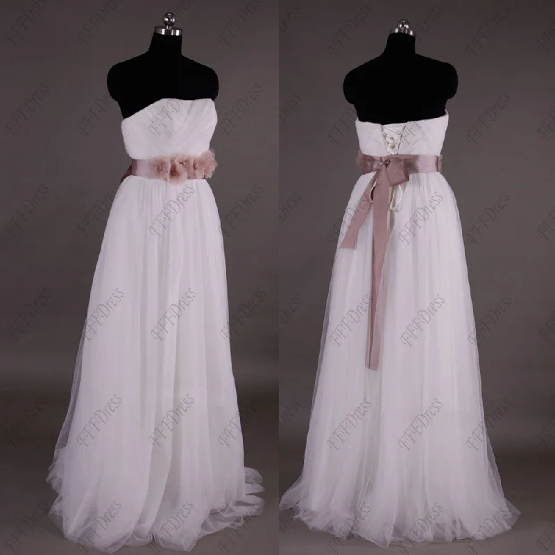 Strapless beach wedding dress with blush color sash