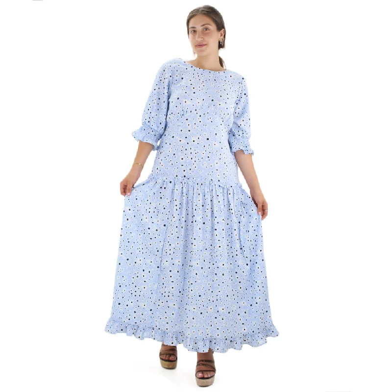 Women's Floral Ruffle Long Dress,Light Blue