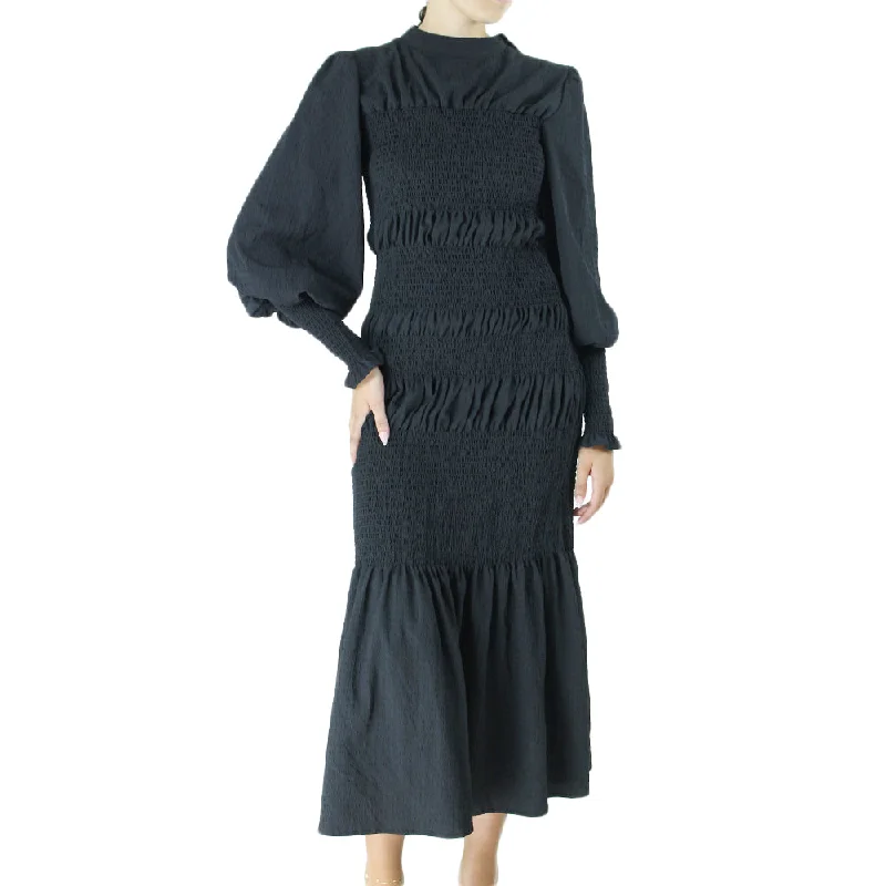 Women's Smocked Casual Long Dress,Black