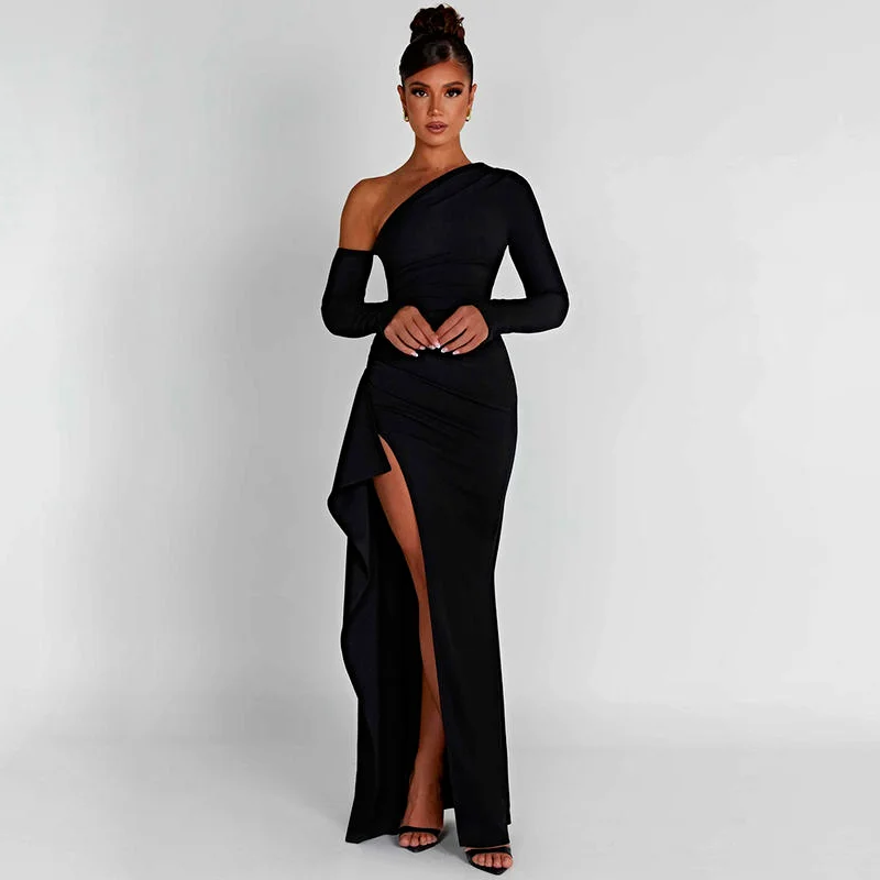 Chic Oblique Shoulder Thigh-High Split Maxi Dress - Sleeveless Backless Bodycon for Evening Parties