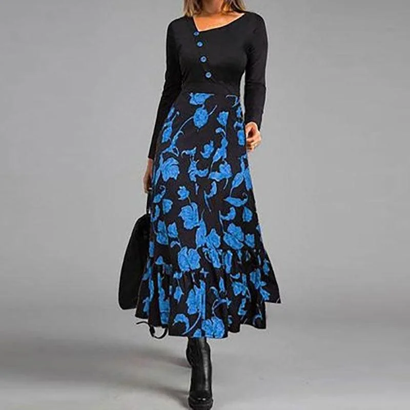 Elegant Patchwork Button Slim Waist Party Dress Retro Floral Print Long Sleeve Boho Dress Women  Diagonal Collar Maxi Dress