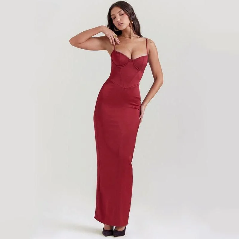 Elegant Satin Backless Bodycon Maxi Dress