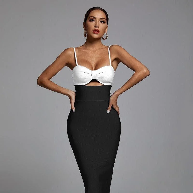 Fashion Waist Hollow Design 2021 New Sexy Solid Color V-Neck Halter Celebrity Party Club Bandage Long Dress