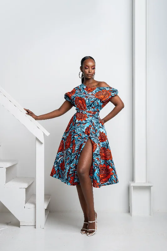 FAYO African Print One-shoulder Midi Dress