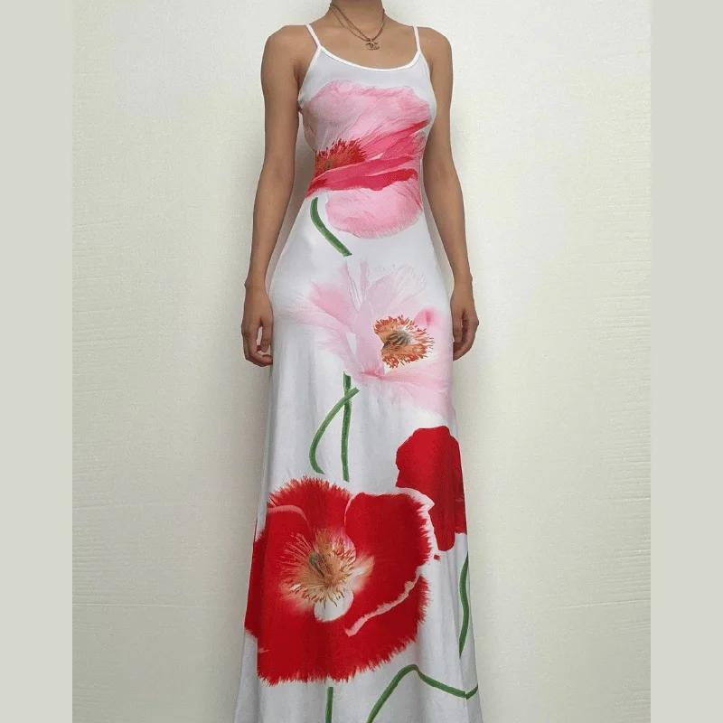 Flower print backless u neck cami maxi dress