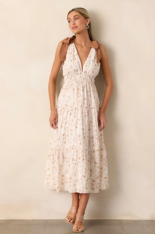 For Good Ivory Floral Plunge Neck Midi Dress