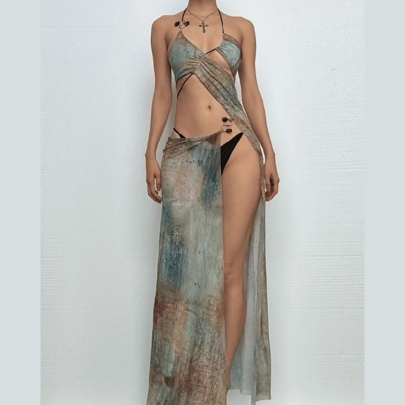 Halter drawstring tie dye irregular sheer mesh maxi dress