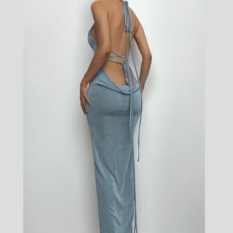 Halter ruched backless lace up solid self tie maxi dress