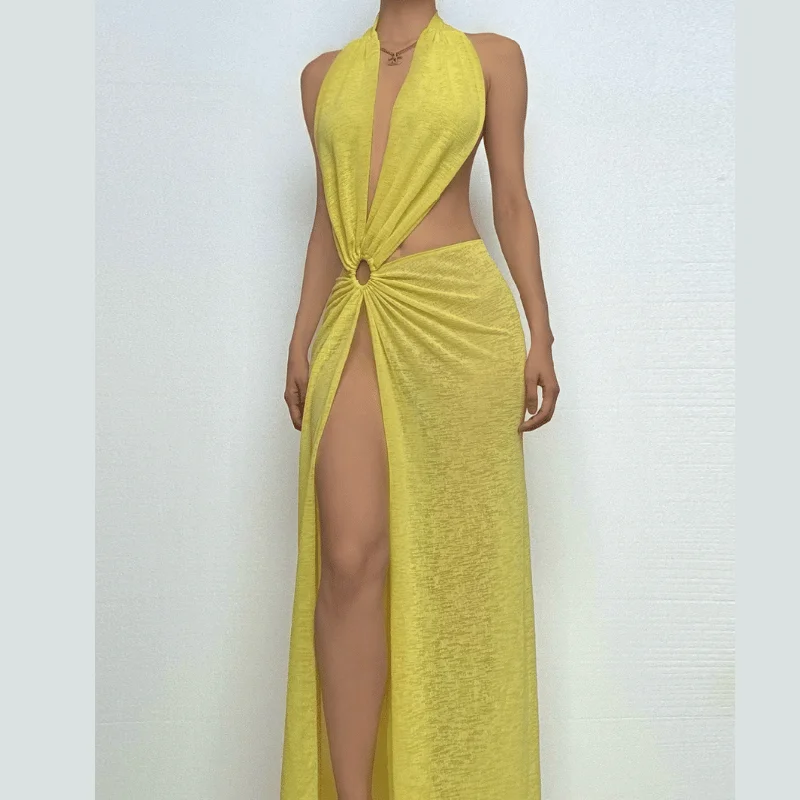 Halter v neck backless o ring maxi dress