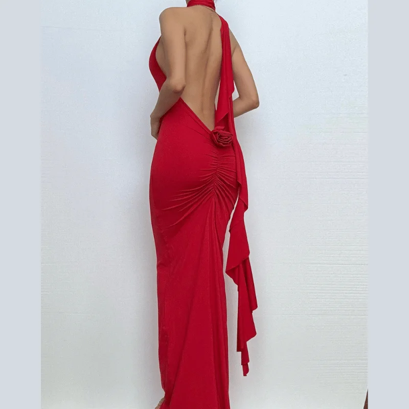 Halter v neck flower applique backless ruched maxi dress