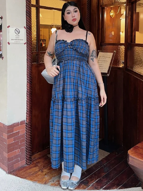 Helia Plus Size Blue Plaid Bandeau Spaghetti Strap Long Dress