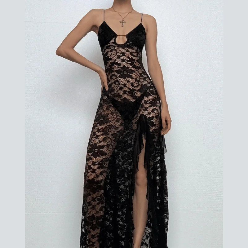 Hollow out v neck lace slit spaghetti strap cut out maxi dress