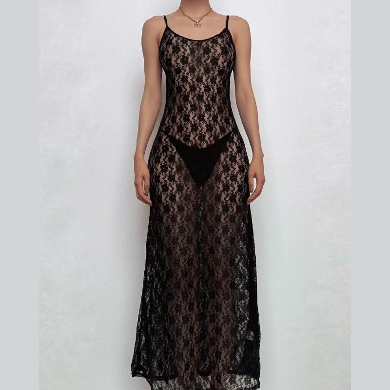 Lace see through hollow out cami cut out maxi dress