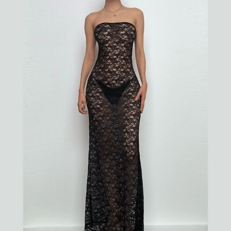 Lace see through solid tube maxi dress