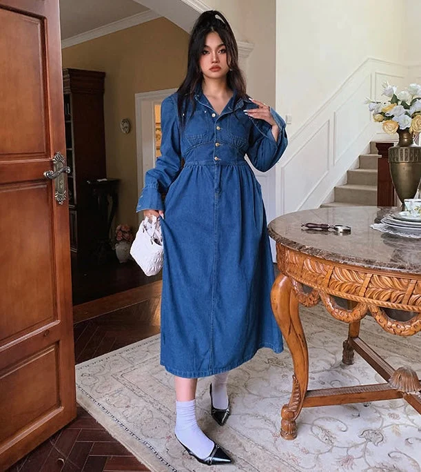 Lesley Dark Blue Denim Button Up Long Sleeve Long Dress