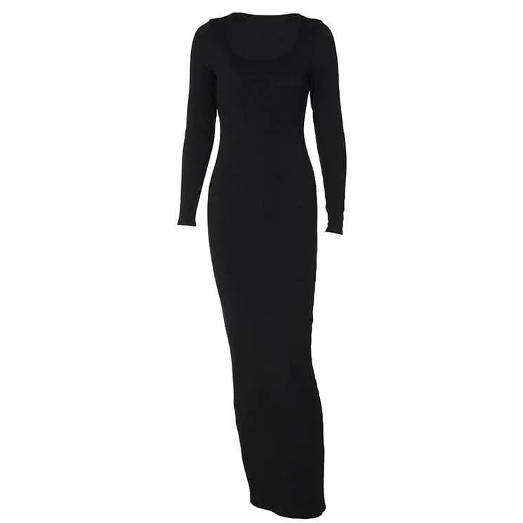 Long sleeve solid u neck maxi dress