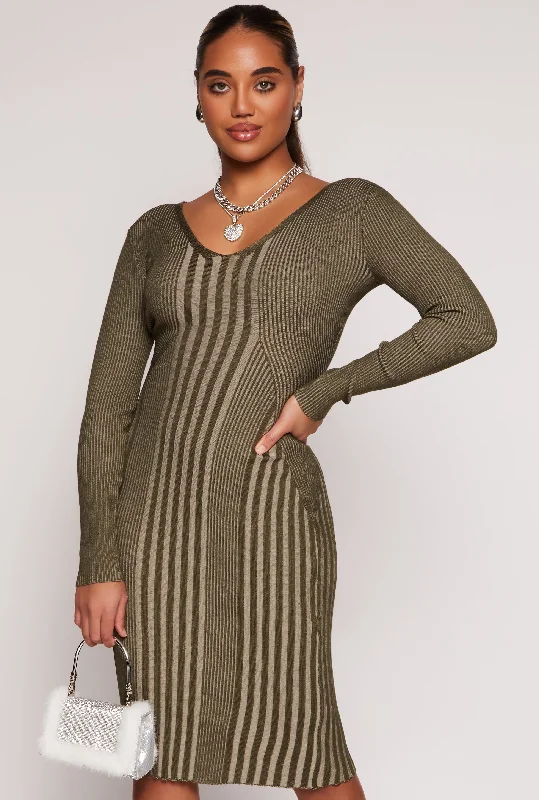 Almost Famous Ribbed Knit Shadow Stripe Midi Sweater Dress