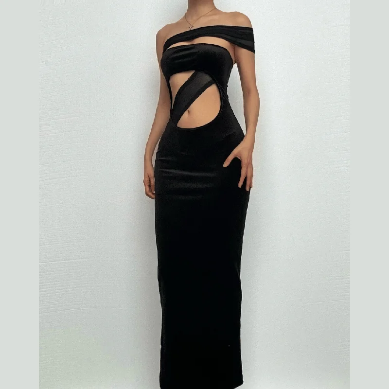 One shoulder irregular hollow out velvet mesh cut out maxi dress