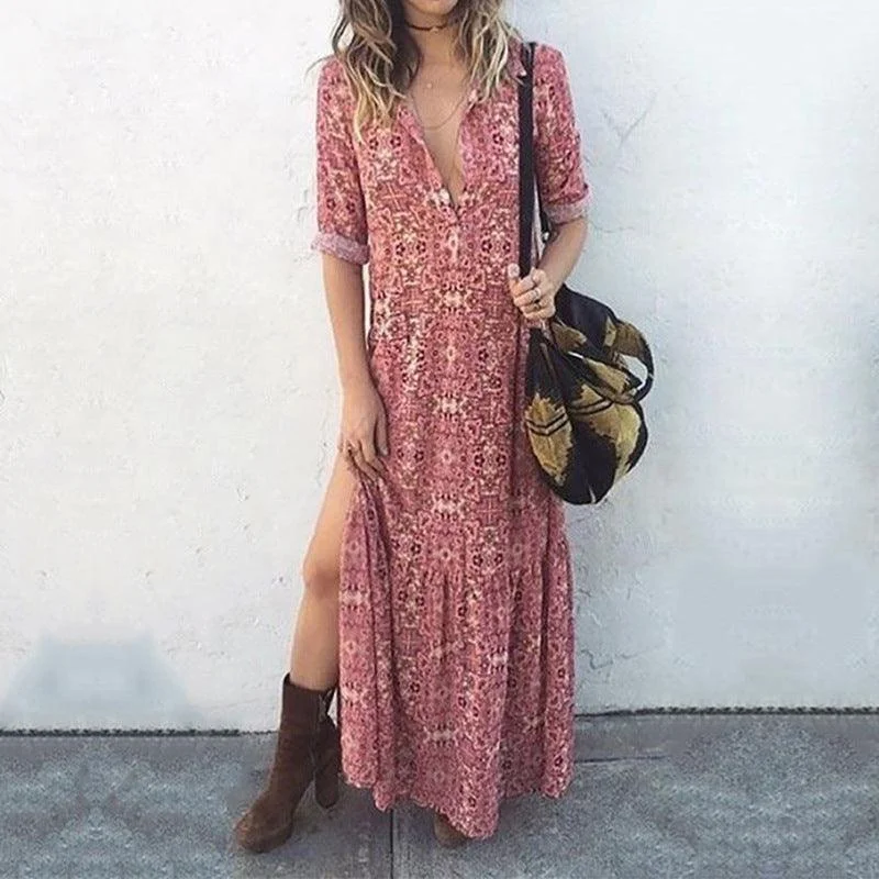 Printed long-sleeved split maxi dress