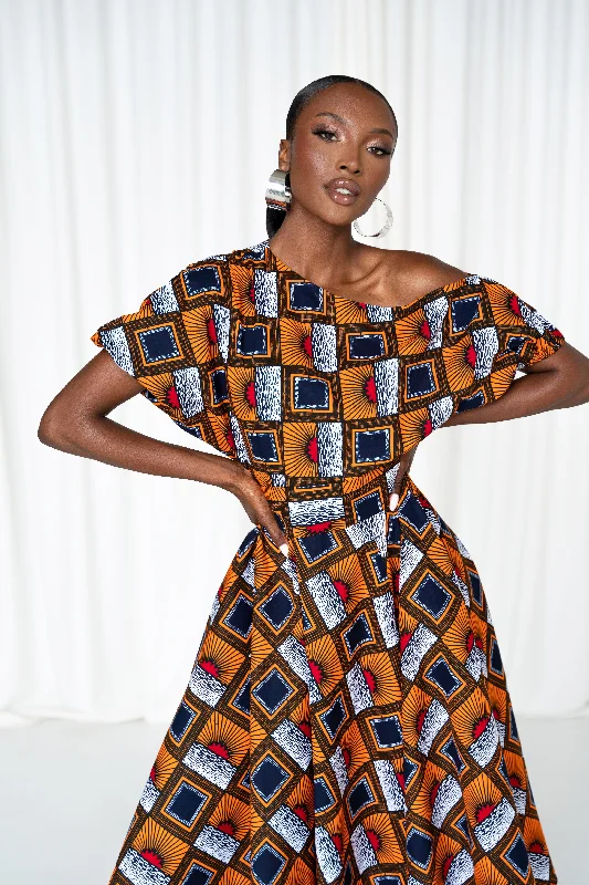 RIRE African Print One-shoulder Midi Dress