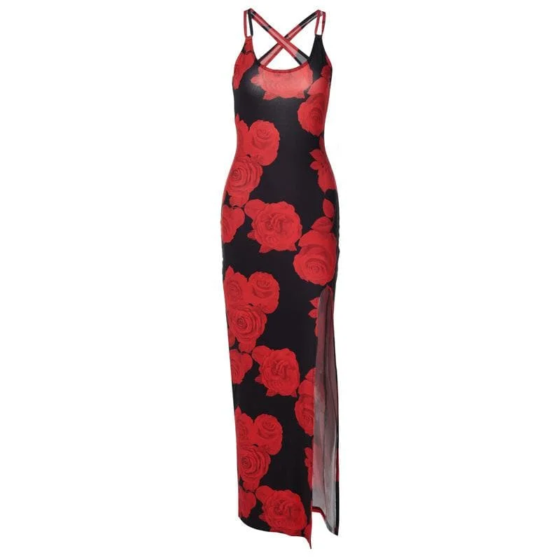 Rose print u neck slit cross back cami maxi dress