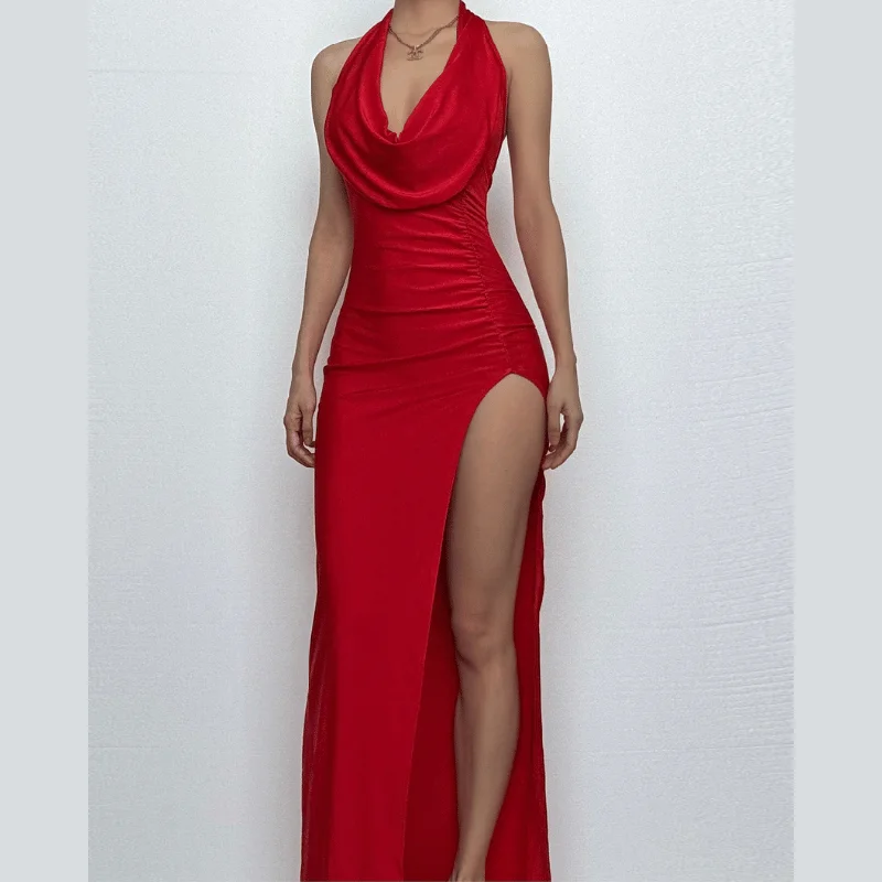 Ruched high slit cowl neck backless maxi dress