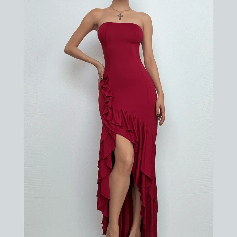 Ruffle ruched irregular solid tube maxi dress