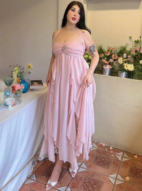 Star Light Brooch Solid Color Baby Pink Layered Halter Long Dress