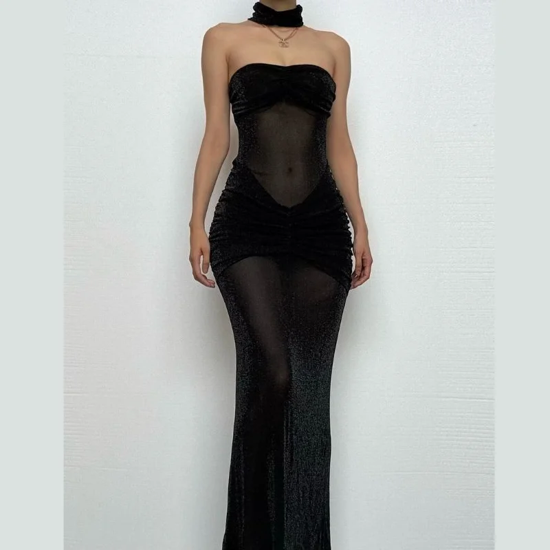 Sweetheart neck ruched see through glitter tube maxi dress