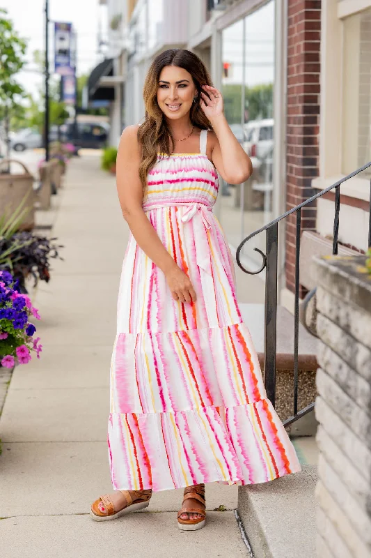 Watercolor Stripes Tiered Maxi Dress