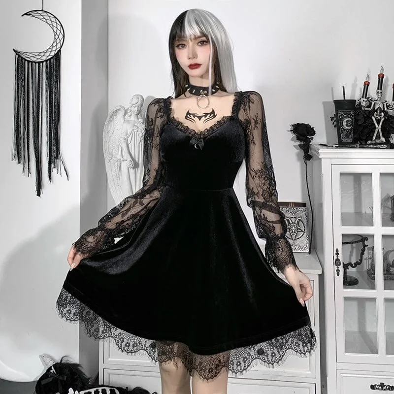 Women's Gothic Lace Sleeved Ruffled Dress