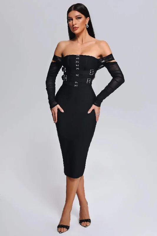 Zjkrl - 2023 New Black Color Women Mesh Long Sleeve Sexy Off the Shoulder Bodycon Mid-calf Dress Bandage Elegant Evening Party Dress