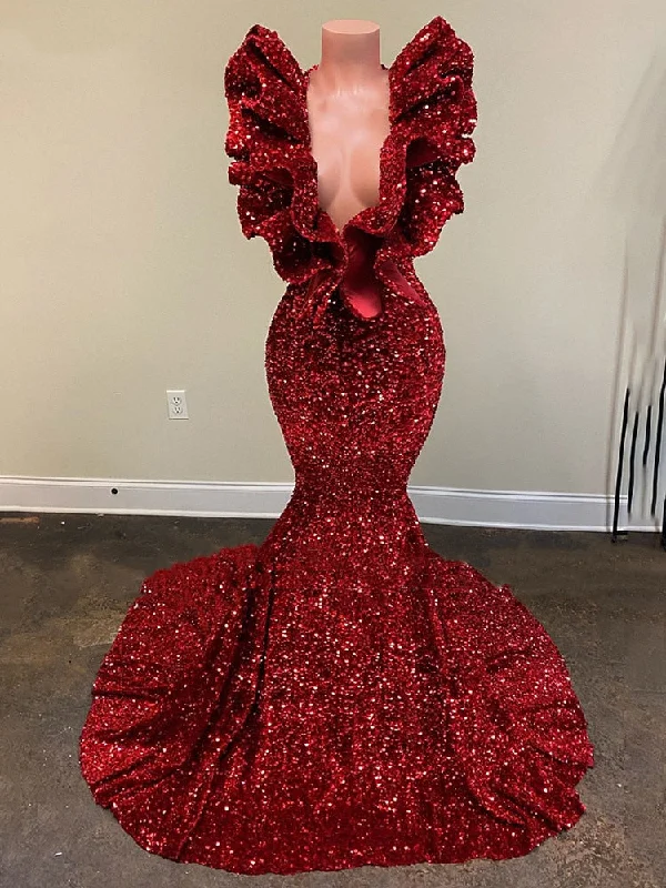 Zjkrl Burgundy Sequin Long Mermaid Prom Dresses 2023 Black Girl Ruffles V-Neck Sleeveless Formal Evening Gown for Wedding