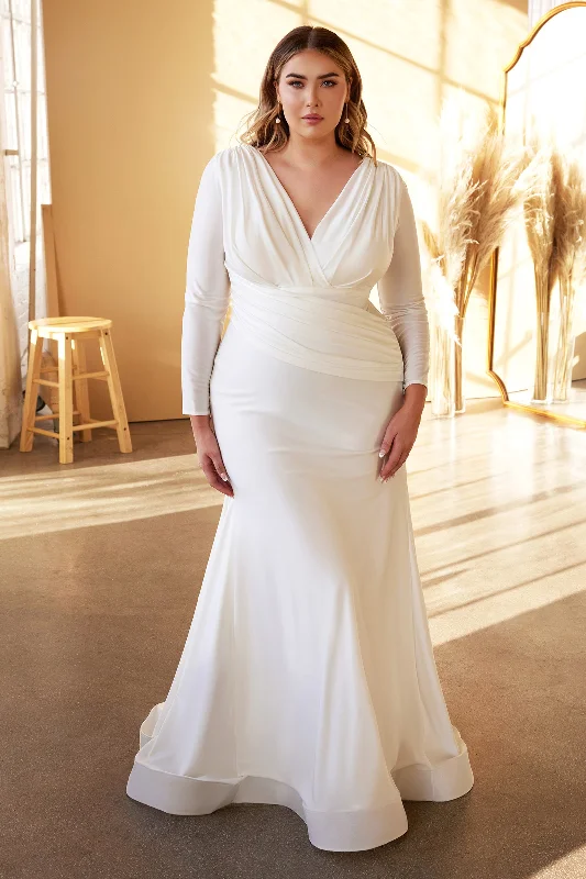 CINDERELLA DIVINE CD0169C Plus Size Deep V-Neck Stretch Satin Bridal Gown