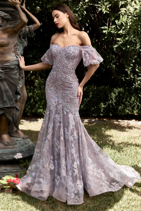 CINDERELLA DIVINE CD959 Lace Flare Off-Shoulder Mermaid Gown