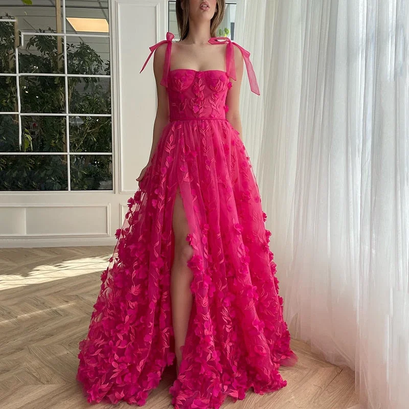 Zjkrl - Eightree Hot Pink A-Line Prom Dresses Sleeveless Appliques Side Slit Evening Dress Saudi Arabia Cocktail Party Gowns Custom Size