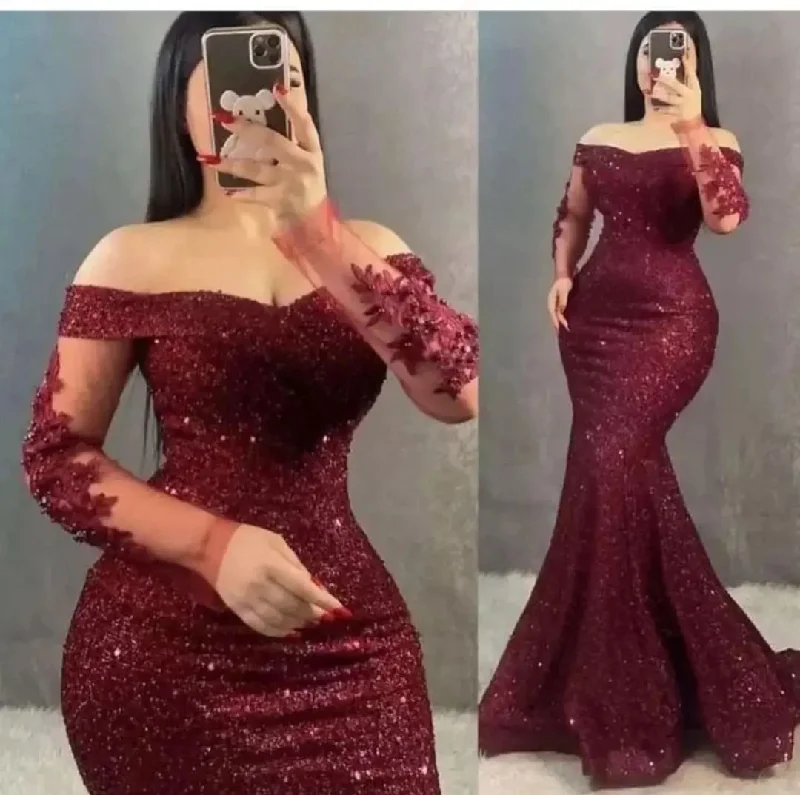 Zjkrl - Glitter Burgundy Mermaid Evening Dresses Off the Shoulder Long Sleeves 3D Flowers Party Gowns Women Formal Prom Dress Plus Size