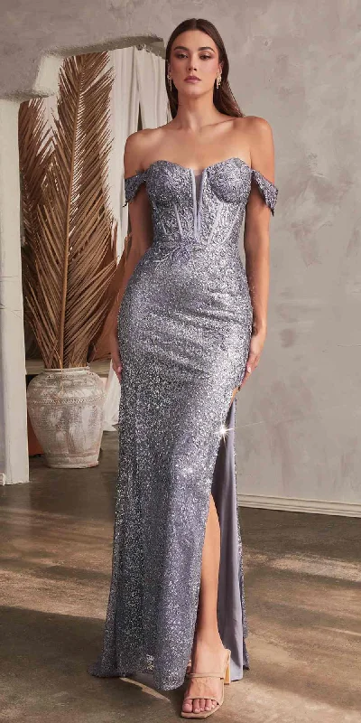 Ladivine CD0193 Long Lace and Glitter Off the Shoulder Gown