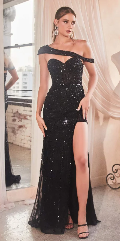 Ladivine CD0218 Long Strapless Sequin Gown Slit With Removable Sash