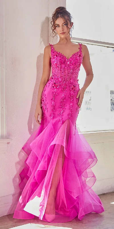 Ladivine CD331 Long Fuchsia Mermaid Embellished Ruffle Skirt Gown