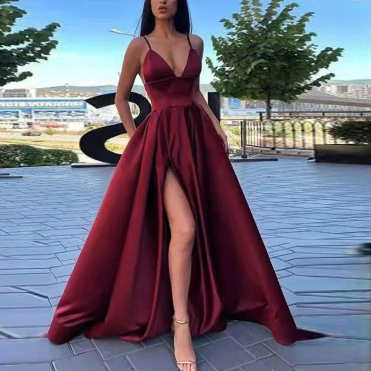 Sexy V- Neck Satin Prom Dresses Spaghetti Straps Side Slit Floor Length Evening Dress Party Dress Robe Soirée