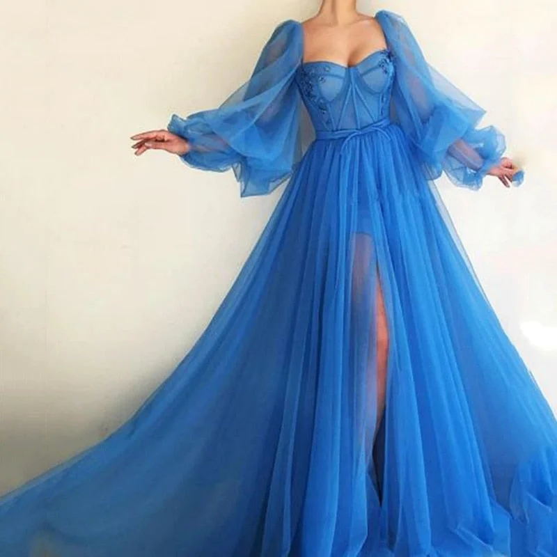 Zjkrl Simple Blue Prom Dresses Long Puff Sleeves Exposed Boning Illusion Evening Dresses High Slit Tulle A-Line Formal Gowns