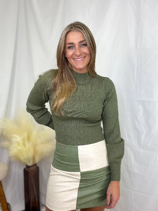 Olive Leather Color Block Skirt