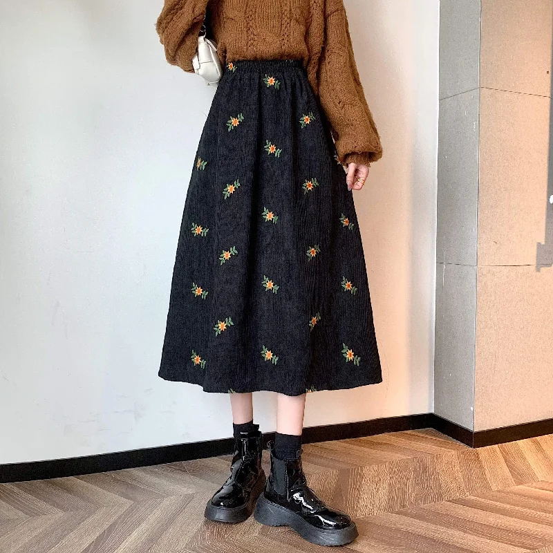 Women's Cute Floral Embroidered Corduroy Skirt