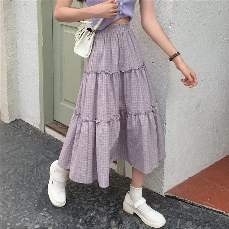 Women's Kawaii Plaid Splice Ruffled Skirt